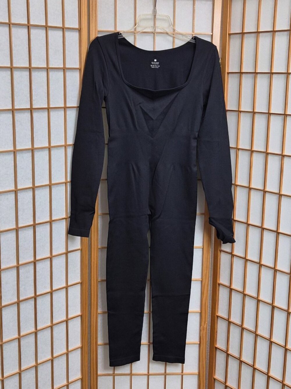 Grey ribbed square neck catsuit onesie with thumb holes cropped EUC size Large